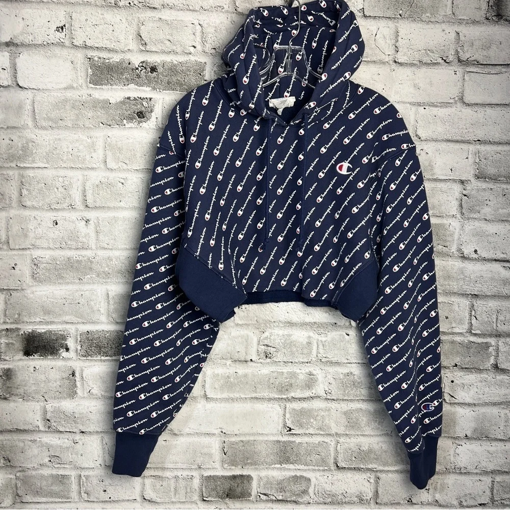 Champion Reverse Weave All Over Print Logo Cropped Hoodie Size Small - Picture 4 of 12